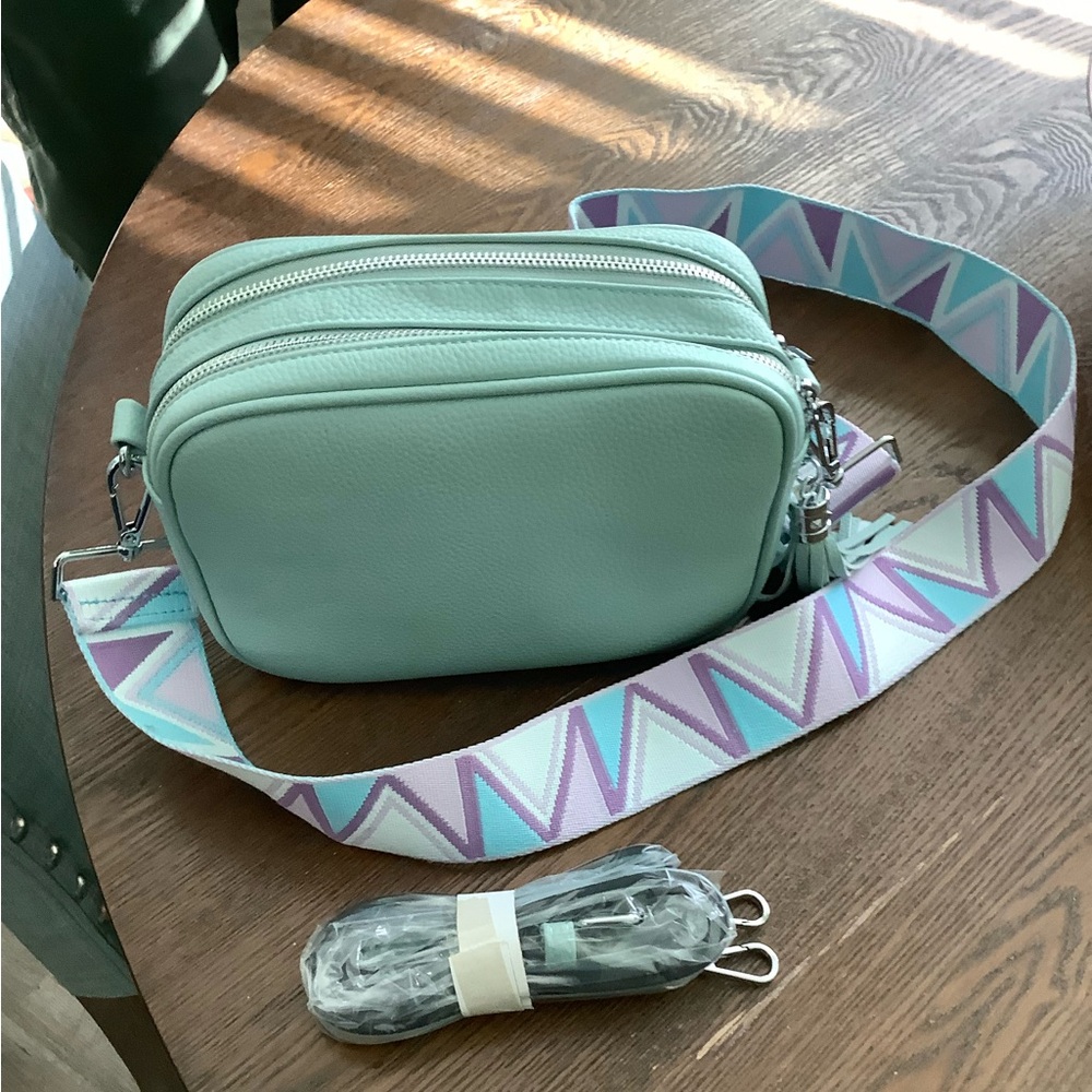 Mint Green Crossbody Bag with Patterned Strap